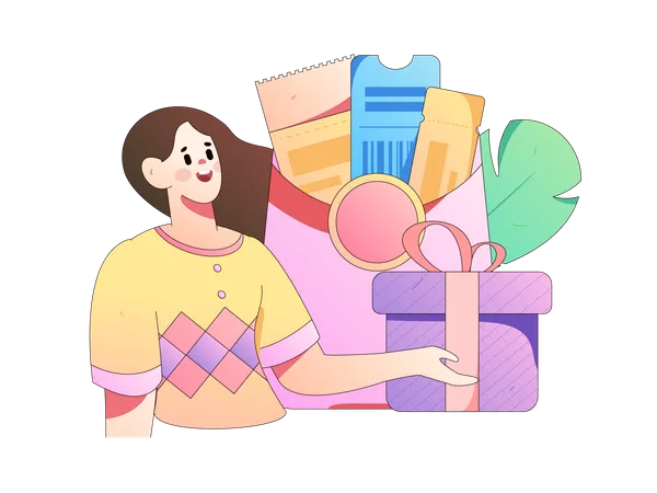 Girl with shopping coupon and gift box  Illustration