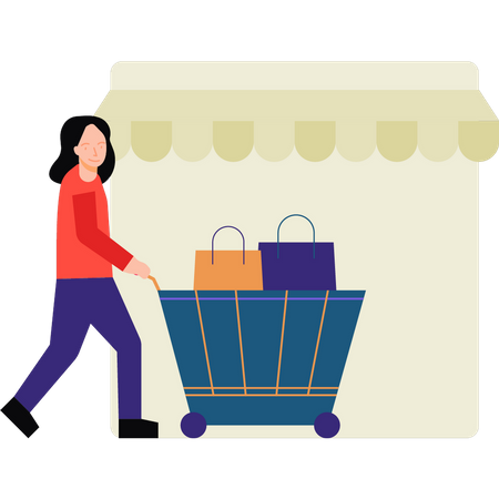 Girl with shopping trolley  Illustration