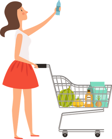 Girl with shopping trolley in makret  イラスト