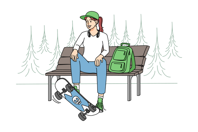 Girl with skating board  イラスト