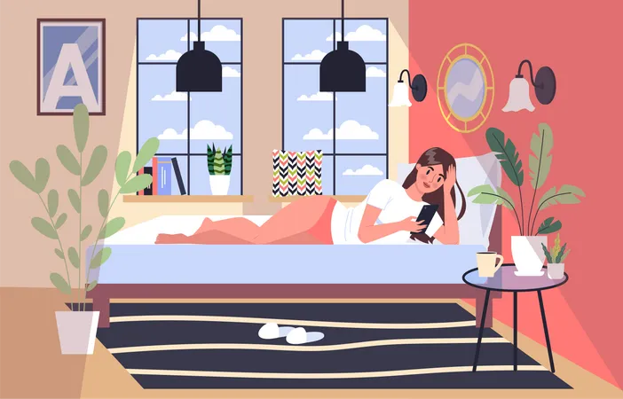 Smartphone Addiction Concept Illustration Young Woman Spend Time Surfing The Internet Lying In The Bed Woman With Phone Addiction At Home Vector Illustration In Cartoon Style Illustration