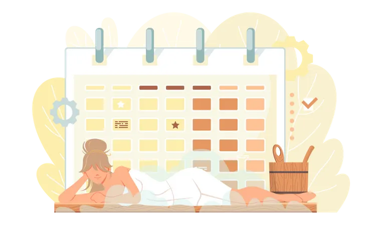 Time Tracking And Time Management Concept Giant Schedule With Notes Calendar With Signs On Background Brunette Lady Is Lying In Towel Woman Wearing White Dress Or Nightwear Taking Steam Bath Illustration