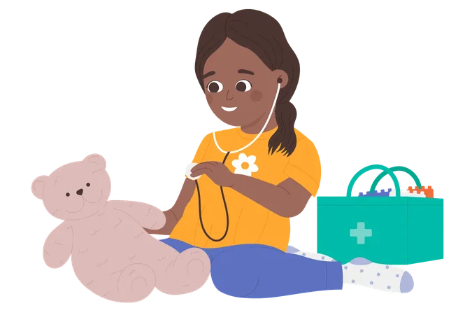 Kid Doctor Playing With Teddy Bear In Home Interior Vector Illustration Cartoon Cute Medical Worker Girl Child Character With Stethoscope Treating Sick Toy Play Time In Living Room Background Illustration