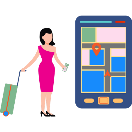 Girl with suitcase and looking at location on mobile Illustration
