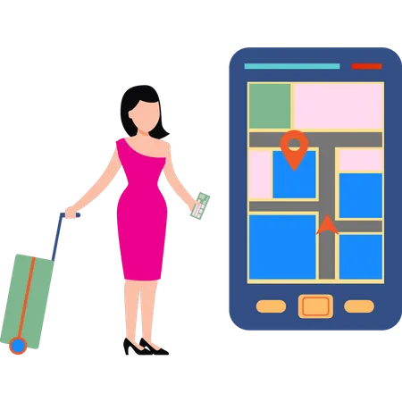 Girl with suitcase and looking at location on mobile Illustration