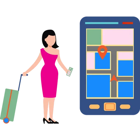 Girl with suitcase and looking at location on mobile  Illustration