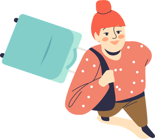 Girl with suitcase looking up Illustration