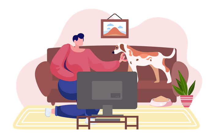 Girl with the dog is resting at home Illustration