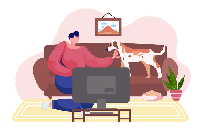 Girl with the dog is resting at home  Illustration