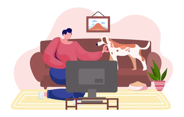 Girl with the dog is resting at home  Illustration