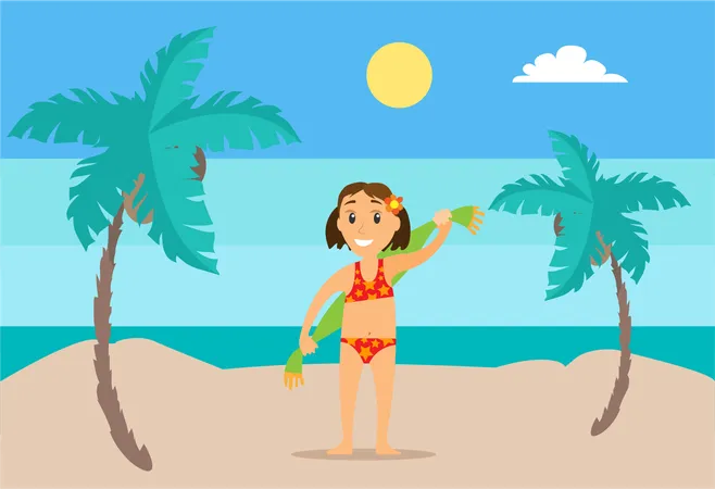 Girl Standing On Sand In Swimsuit Holding Towel On Back Mountain Landscape And Sunny Weather Palm Trees Vector Female Teenager Dry Or Wipe Herself Illustration