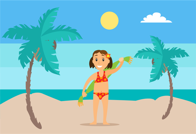 Girl with towel on beach  Illustration