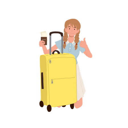 Girl with travel bag and Boarding Pass making thumb up  일러스트레이션