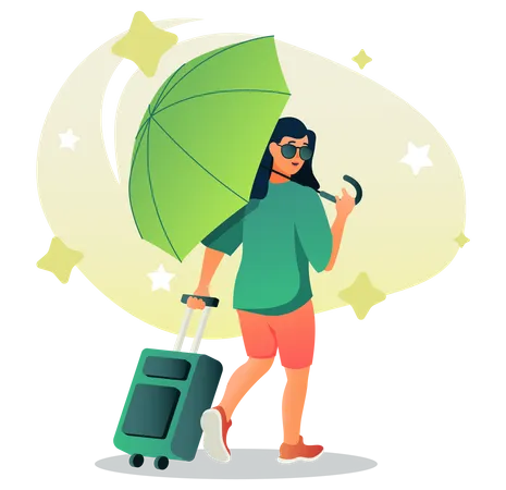 Girl with umbrella and luggage Illustration