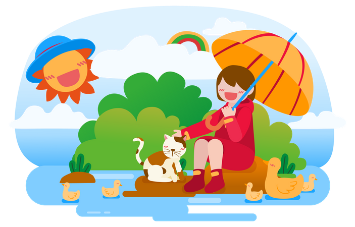 Girl with umbrella pampering cat Illustration