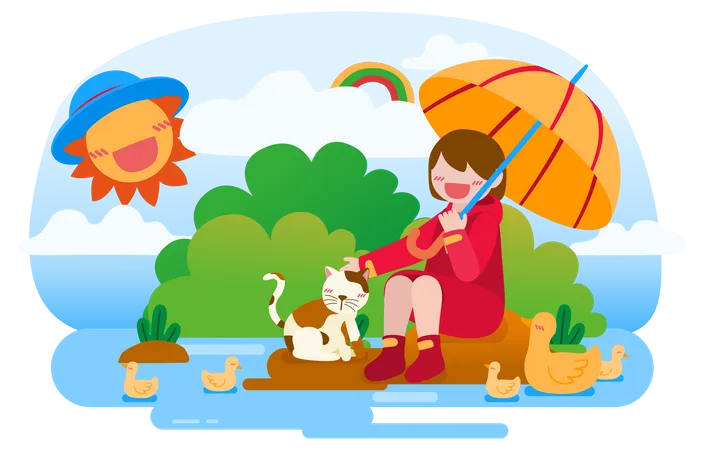 Girl with umbrella pampering cat Illustration