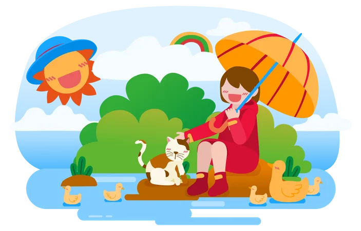 Girl with umbrella pampering cat  Illustration