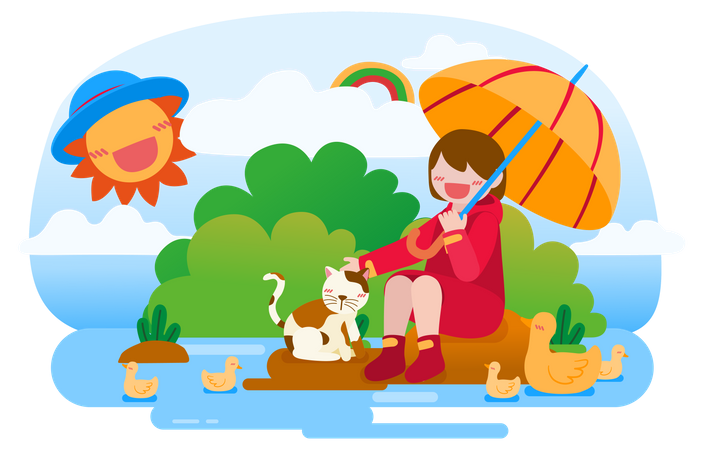 Girl with umbrella pampering cat  Illustration