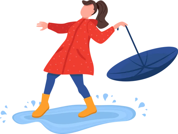 Girl with umbrella playing in puddle  Illustration