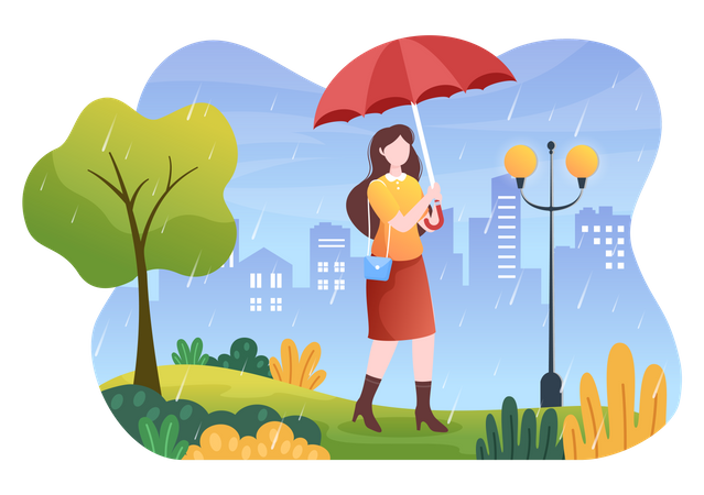 Girl with umbrella walking in rain Illustration