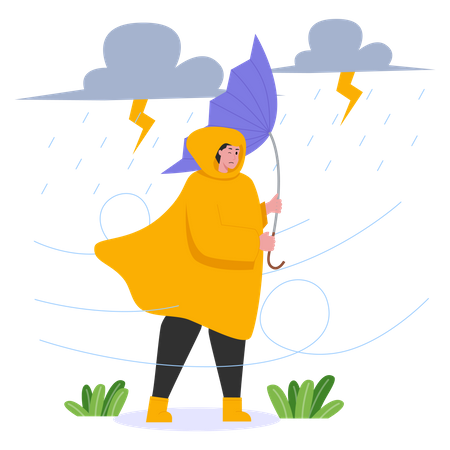 Girl with umbrella walking in storm Illustration