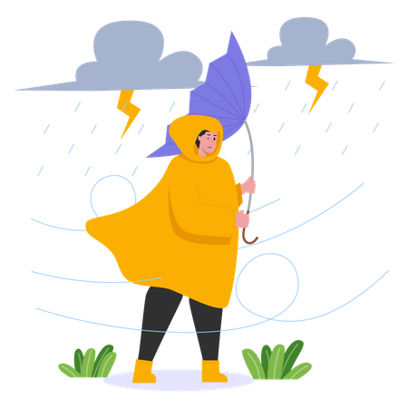 Girl with umbrella walking in storm  Illustration