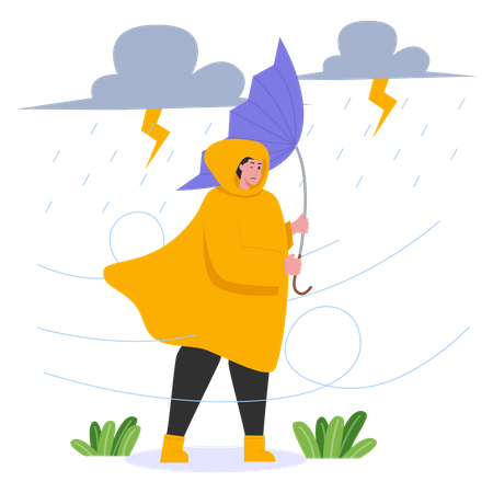 Girl with umbrella walking in storm  Illustration