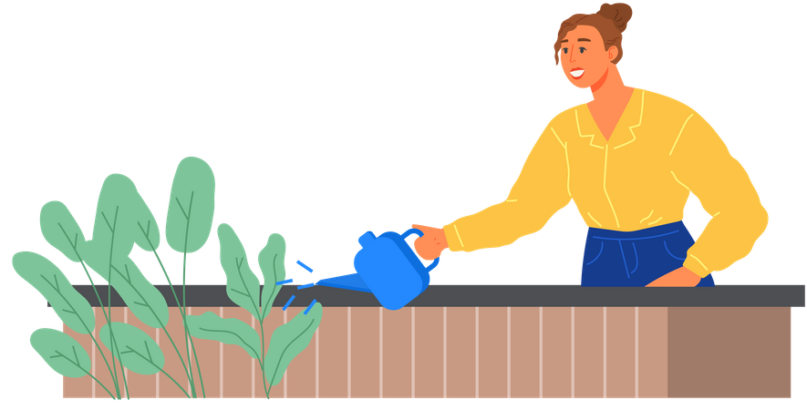 Girl with watering can takes care of nature Illustration