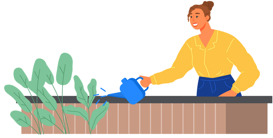 Girl with watering can takes care of nature  Illustration