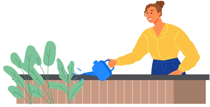 Girl with watering can takes care of nature  Illustration