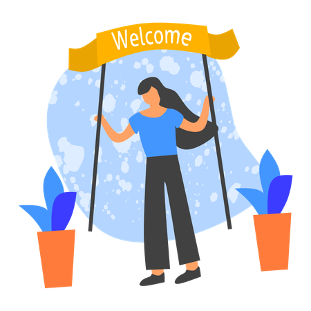 Girl with welcome banner  Illustration