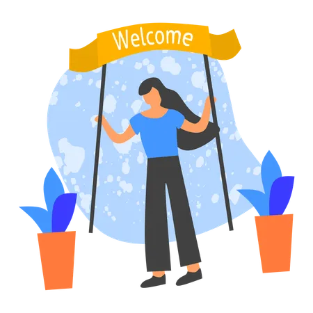 Girl with welcome banner  Illustration