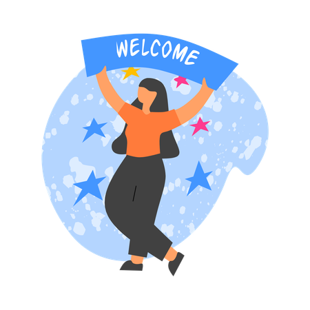 Girl with welcome banner  Illustration