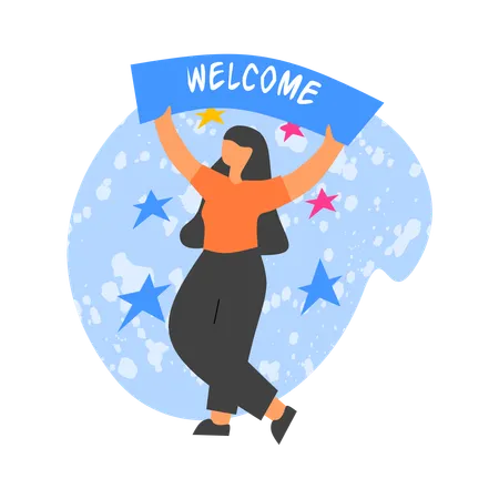 Girl with welcome banner  Illustration