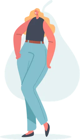 Girl with Wide Hips and Narrow Waist Posing in Blue Jeans  イラスト