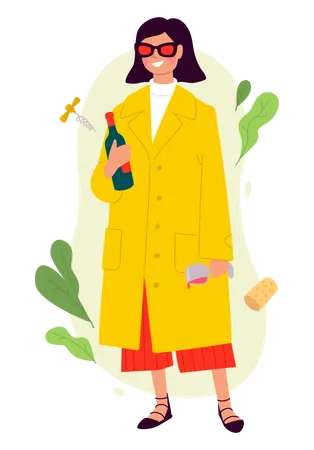 Girl with wine bottle  Illustration
