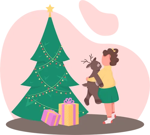 Girl With Christmas Tree Flat Color Vector Faceless Character Kid Receive Gifts Xmas Present For Child Winter Holiday Season Isolated Cartoon Illustration For Web Graphic Design And Animation Illustration