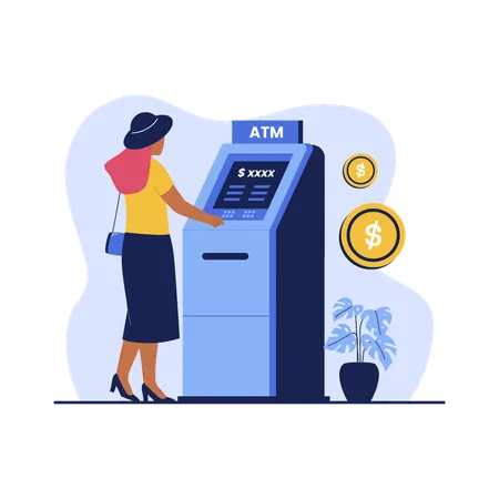 Girl Withdraw cash at ATM machine  일러스트레이션