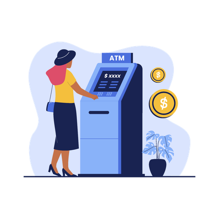 Girl Withdraw cash at ATM machine  イラスト