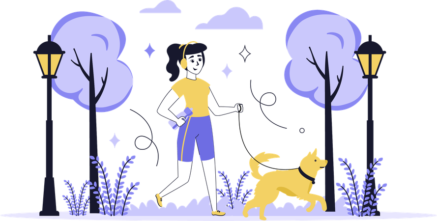 Girl wlking outdoor with dog  Illustration