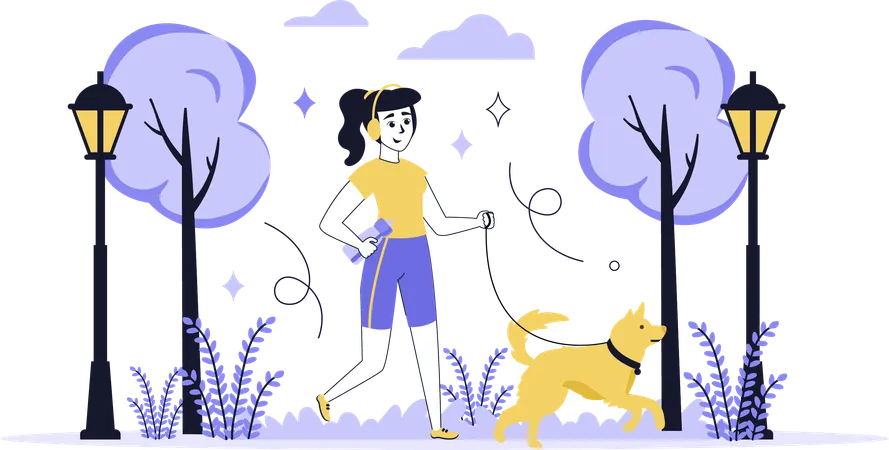 Girl wlking outdoor with dog  Illustration