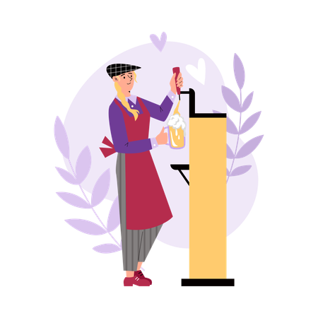 Girl woman bartender pours beer  Illustration