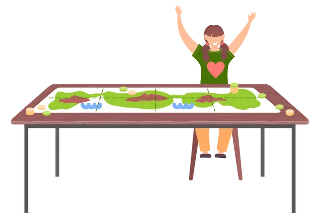 Girl Won Game Joyfully Raises Her Hands Up Near Table With Colored Board Game Woman Has An Interesting Hobby Green Map On Table For Playing With Chips Person Resting And Playing Table Game Alone Illustration