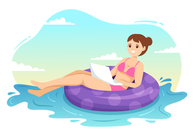 Girl Work From Swimming Pool Illustration
