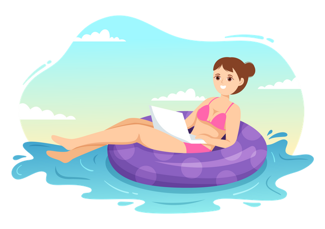 Girl Work From Swimming Pool  Illustration