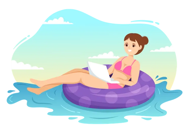 Girl Work From Swimming Pool  Illustration