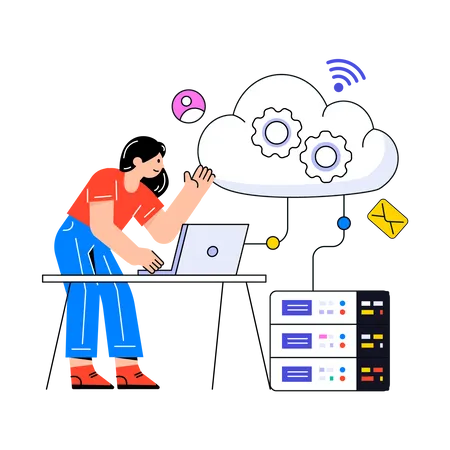 Girl work on Cloud Services Illustration