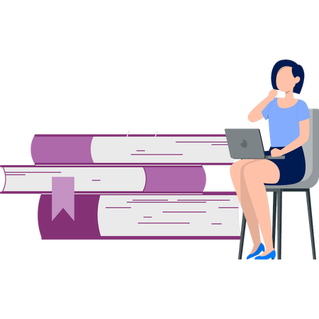 Girl working about book on laptop  Illustration