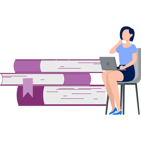 Girl working about book on laptop  Illustration