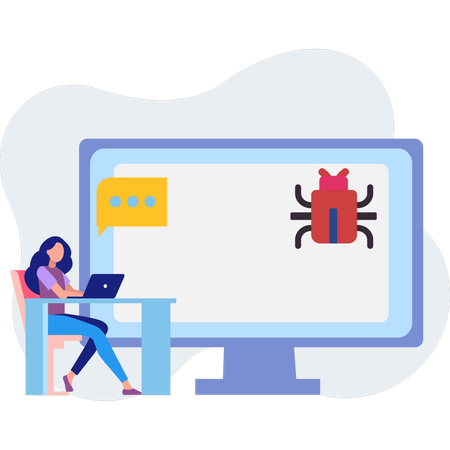 Girl working about bug virus on laptop  Illustration